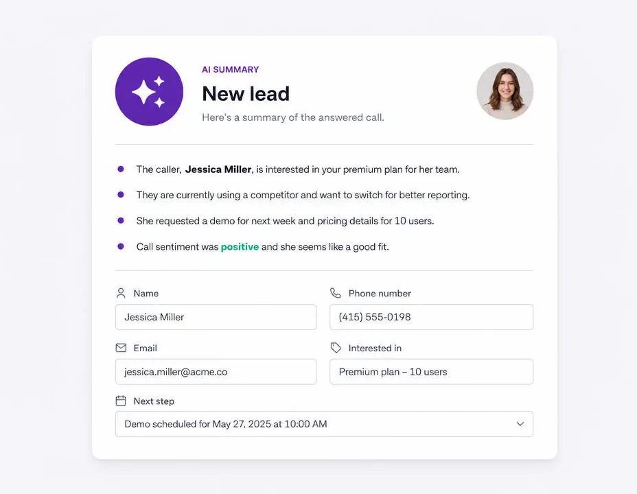 AI generated summary of a new inbound lead